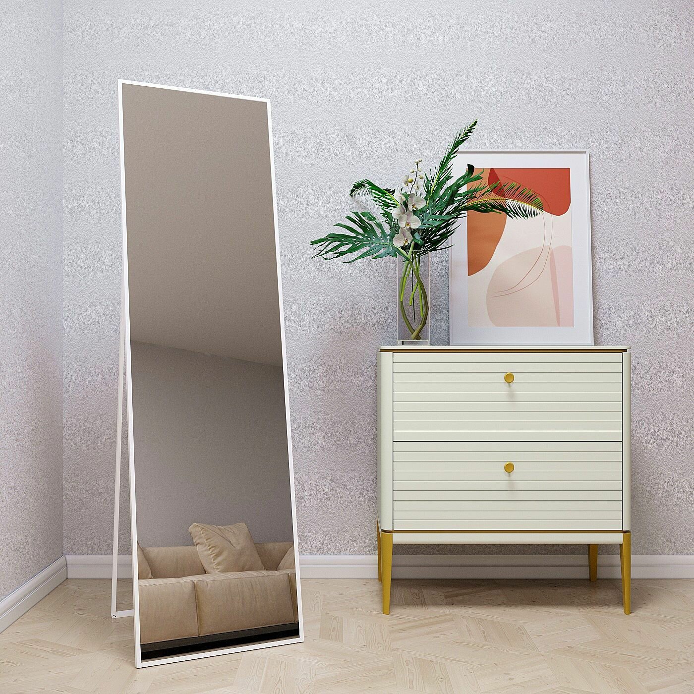 Зеркало напольное в алюминиевой раме ALUMIRROR, 160х45 см. Цвет: Белый - фотография № 2