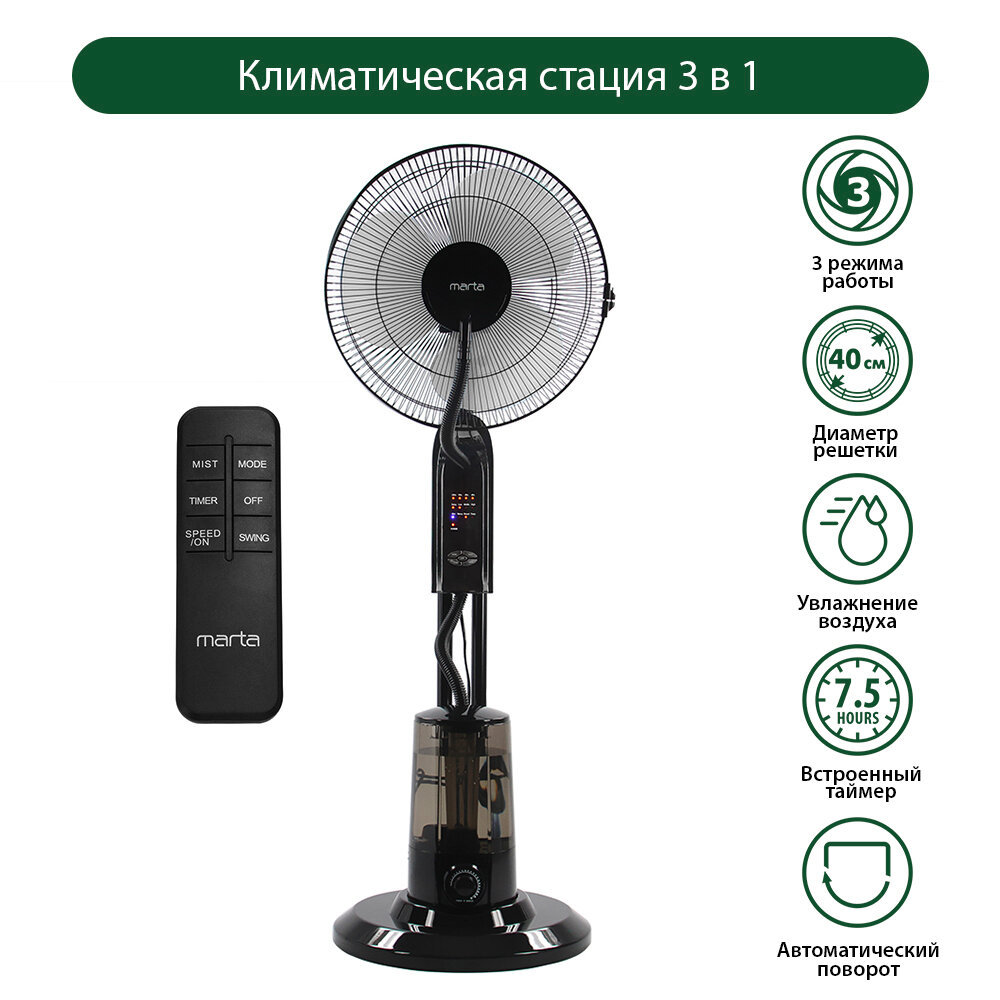 фото Напольный вентилятор с увлажнителем воздуха и пультом ДУ MARTA MT-FN2550 черный/серый