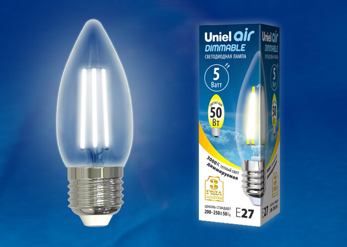 Лампа светодиодная диммируемая форма свеча UL-00003643 LED-C35-5W/WW/E27/CL/DIM GLA01TR