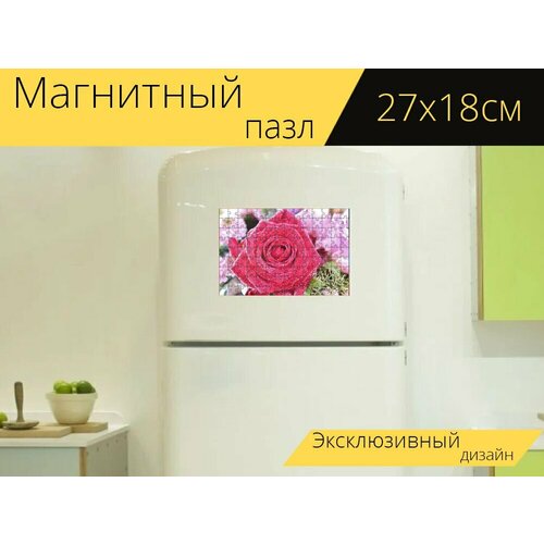 Магнитный пазл Роза, мокрый, капли на холодильник 27 x 18 см.