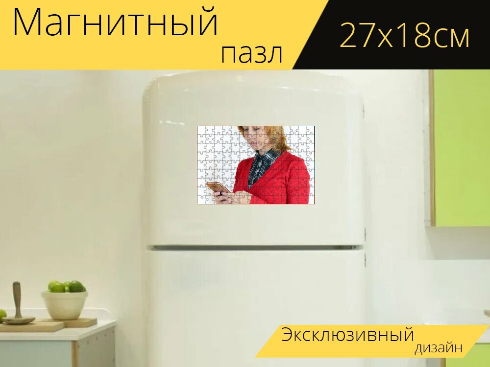 Магнитный пазл "Коммуникатор, сенсорный экран, женщина" на холодильник 27 x 18 см.