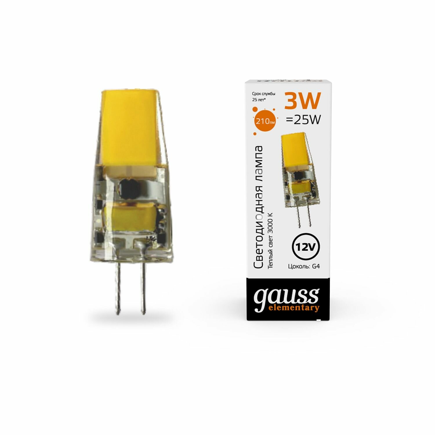 Светодиодная лампа Gauss Elementary G4 12V 3W 250lm 3000K силикон LED 1/20/200