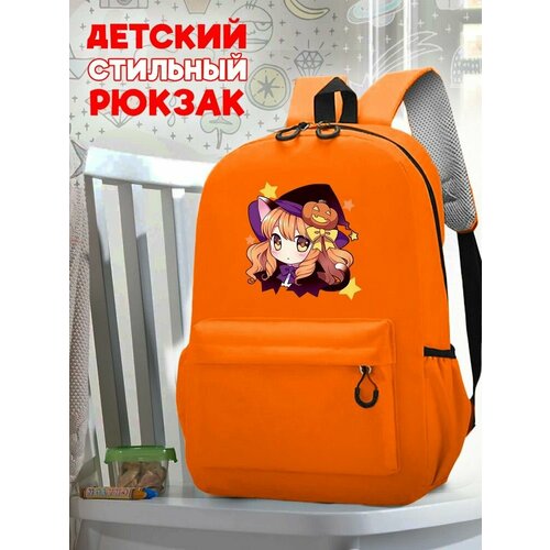 Школьный оранжевый рюкзак с принтом праздники хэллоуин (аниме, девушка, тян, ведьмы) - 1551 школьный оранжевый рюкзак с принтом девушка 113
