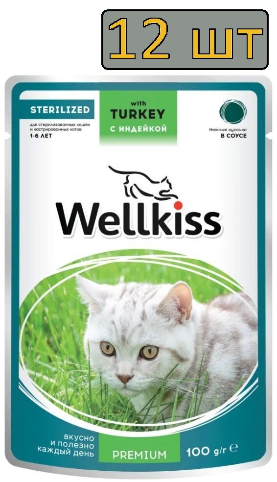 12 штук Wellkiss Sterilised Влажный корм (пауч) для стерилизованных кошек, кусочки с индейкой в соусе, 100 гр.