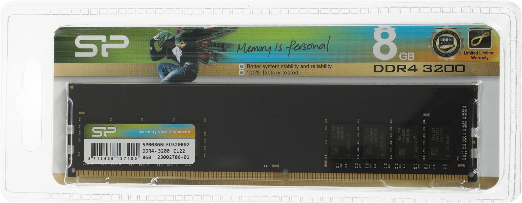 Оперативная память Silicon Power DDR4 - 8Gb, 3200 МГц, DIMM, CL22 (sp008gblfu320b02)