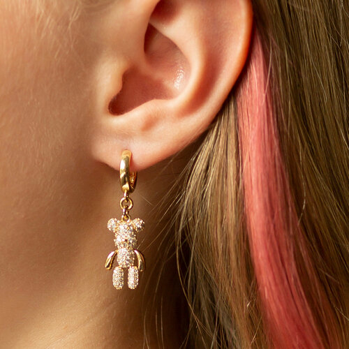 Комплект серег  Серьги с Мишками, фианит, размер/диаметр 30 мм., золотой