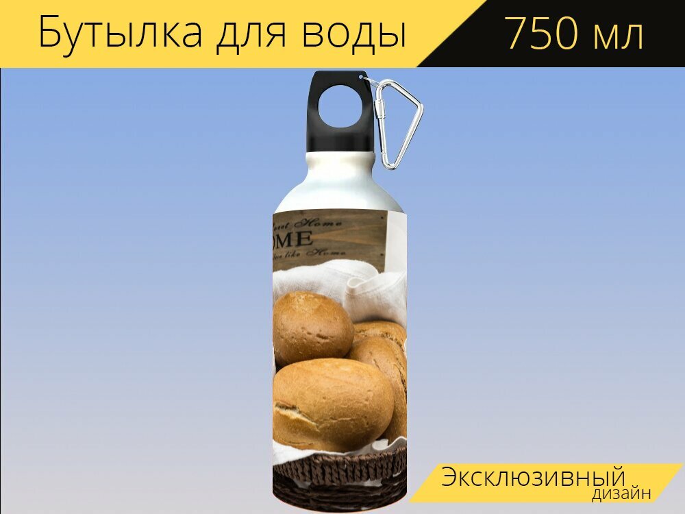 Бутылка фляга для воды "Хлеб, пекарня, еда" 750 мл. с карабином и принтом