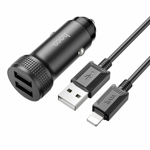 АЗУ, 2 USB 2.4A (Z49), usb кабель lightning, HOCO, черный азу momax xc usb 2 1a без кабеля оранжевый