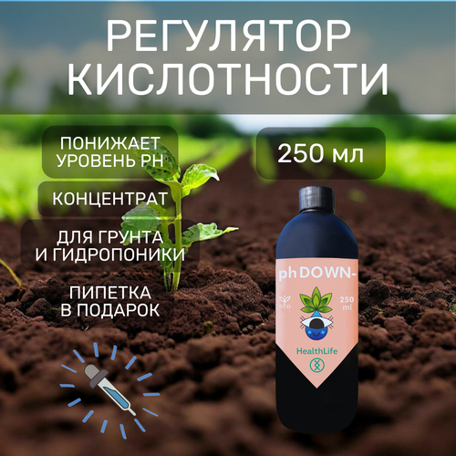 Буферный раствор регулятор кислотности HealthLife pH DOWN - минус для понижения 250 мл для гидропоники и грунта