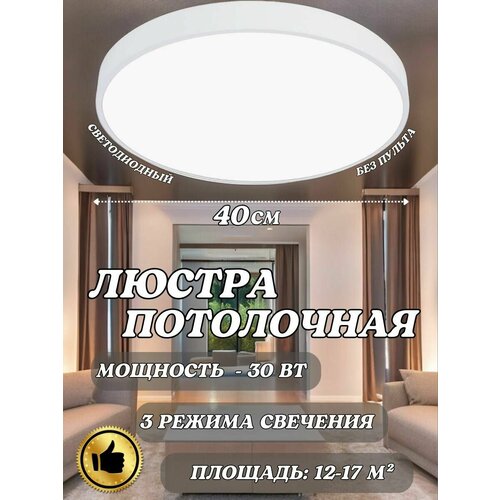 Потолочная настенная светодиодная люстра белая 40см/ накладной круглый светильник / люстра потолочная на кухню, в спальню, в прихожую