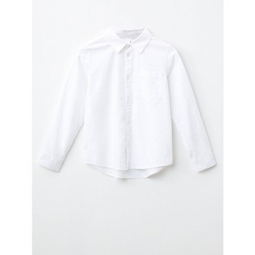 фото Школьная рубашка sela, прямой силуэт, на пуговицах, длинный рукав, манжеты, карманы, однотонная, размер 146, белый