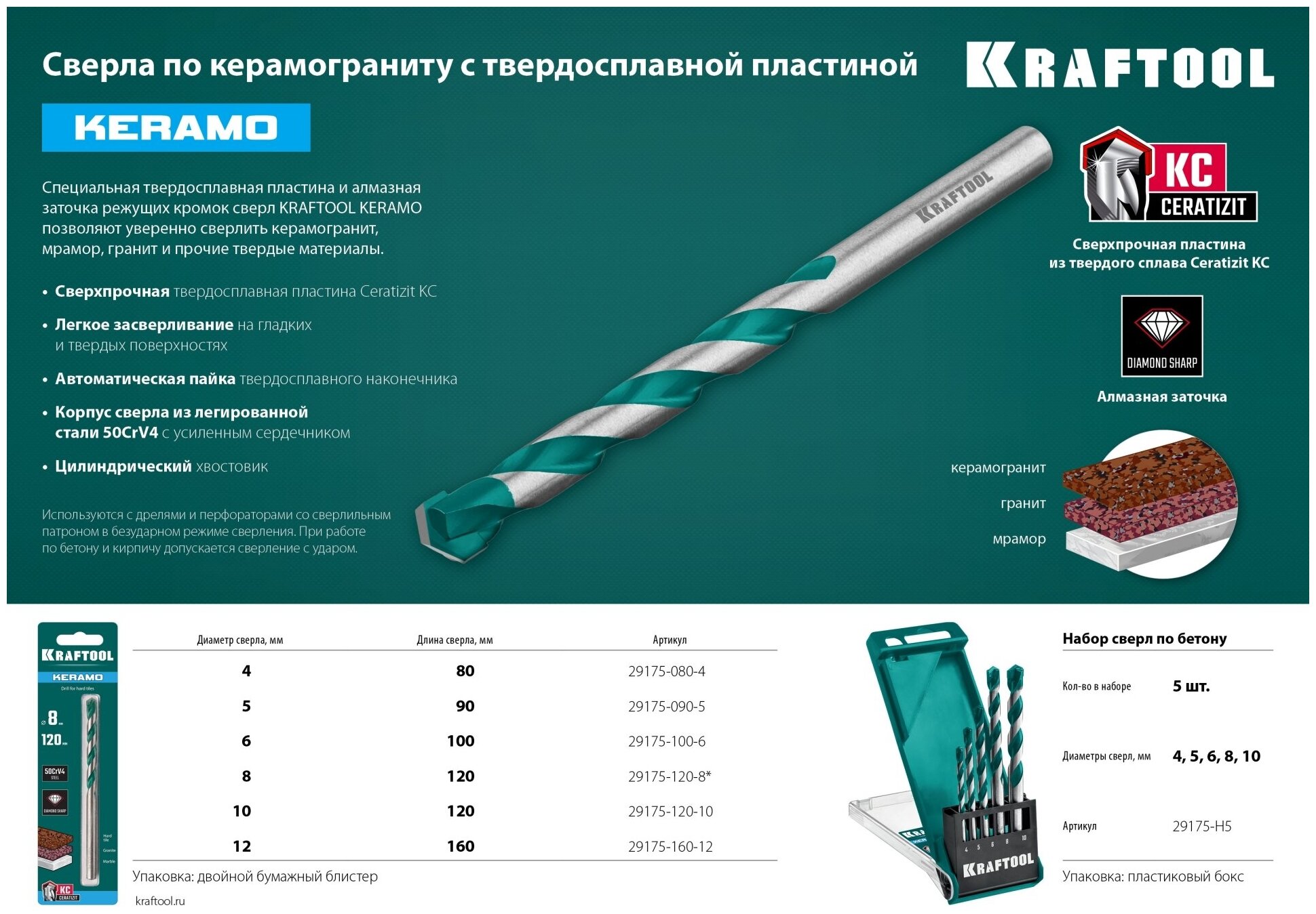 KRAFTOOL KERAMO 6 х 100 мм cверло по керамограниту с твердосплавной пластиной