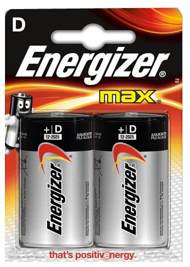 батарейка большая d алкалиновая energizer max, 2шт - фото №1