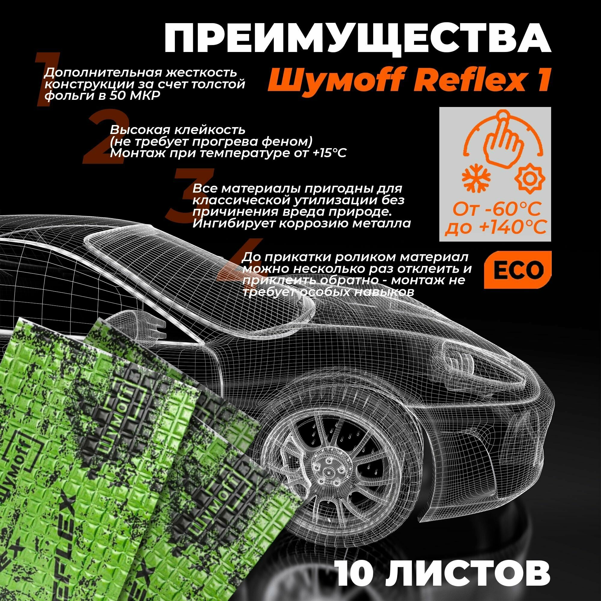 Виброизоляция для автомобиля Шумофф Reflex 1 - 10 листов 37.5 см х 23 см Вибродемпфер для потолка, дверей, капота, багажника - толщина 1.6 мм