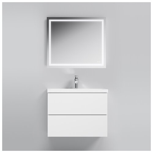 фото Комплект мебели для ванной am.pm gem m90fhx7522wg/wc75/mox0801 тумба 75см белая подвесная 2 ящика с раковиной и зеркало 80см с подсветкой