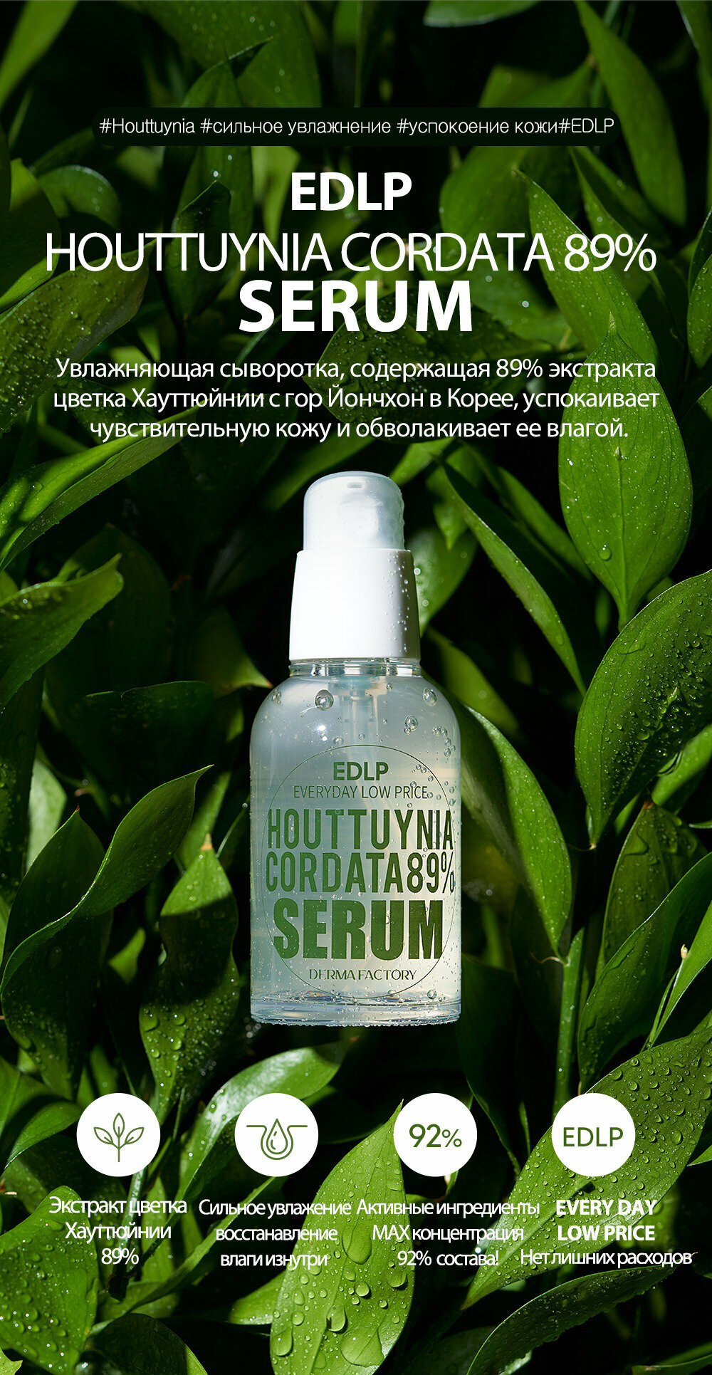 Сыворотка для лица с экстрактом цветка хауттюйнии Derma Factory Houttuynia Cordata 89% Serum - фото №16