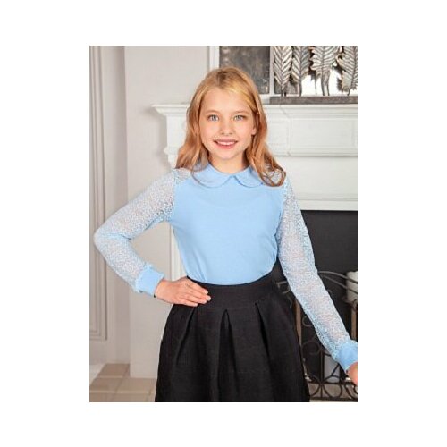 Школьная блуза , длинный рукав, размер 152, голубой