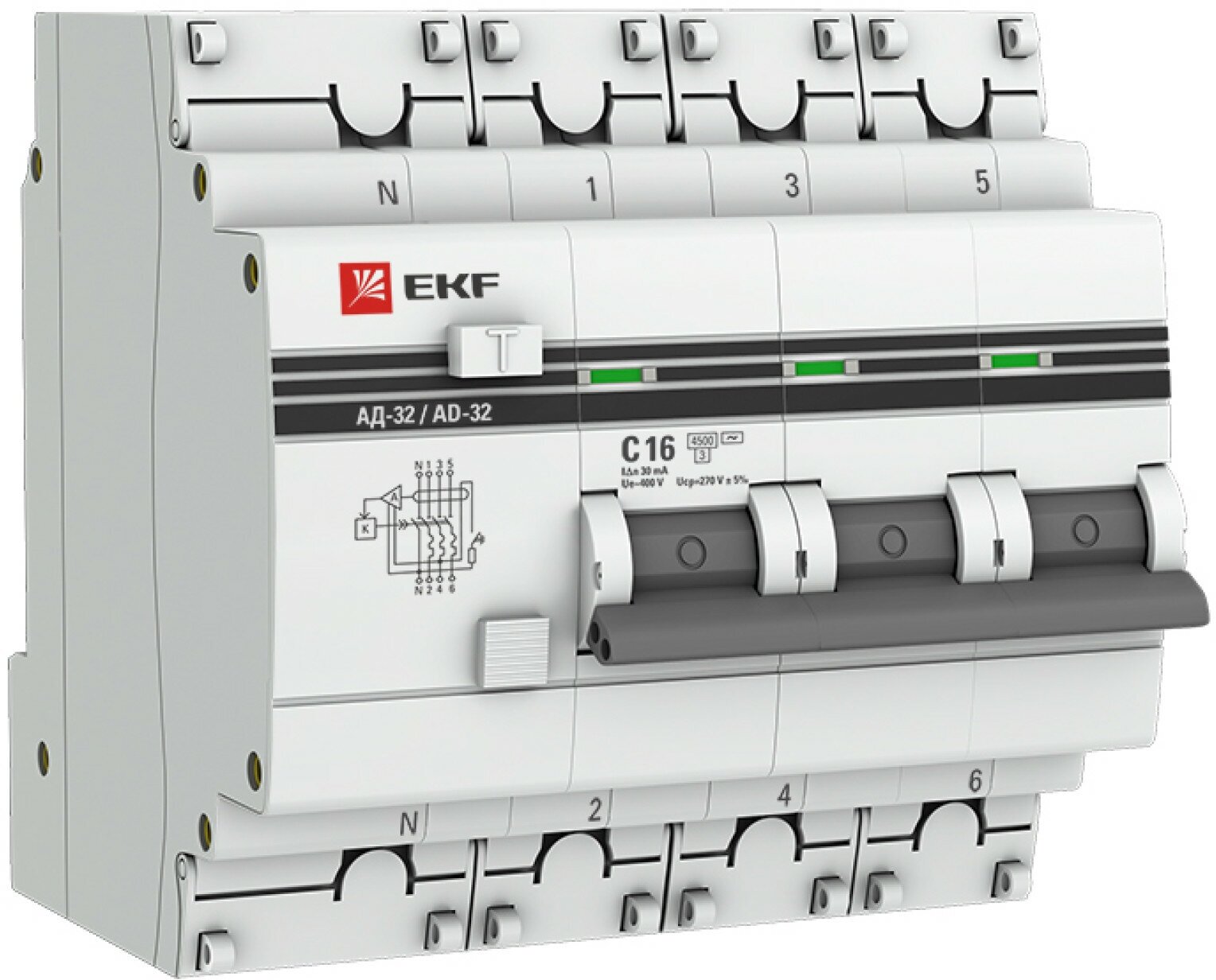 Дифференциальный автомат АД-32 3P-N 16А-30мА (хар. C, AC, электронный, защита 270В) 4,5кА EKF PROxima