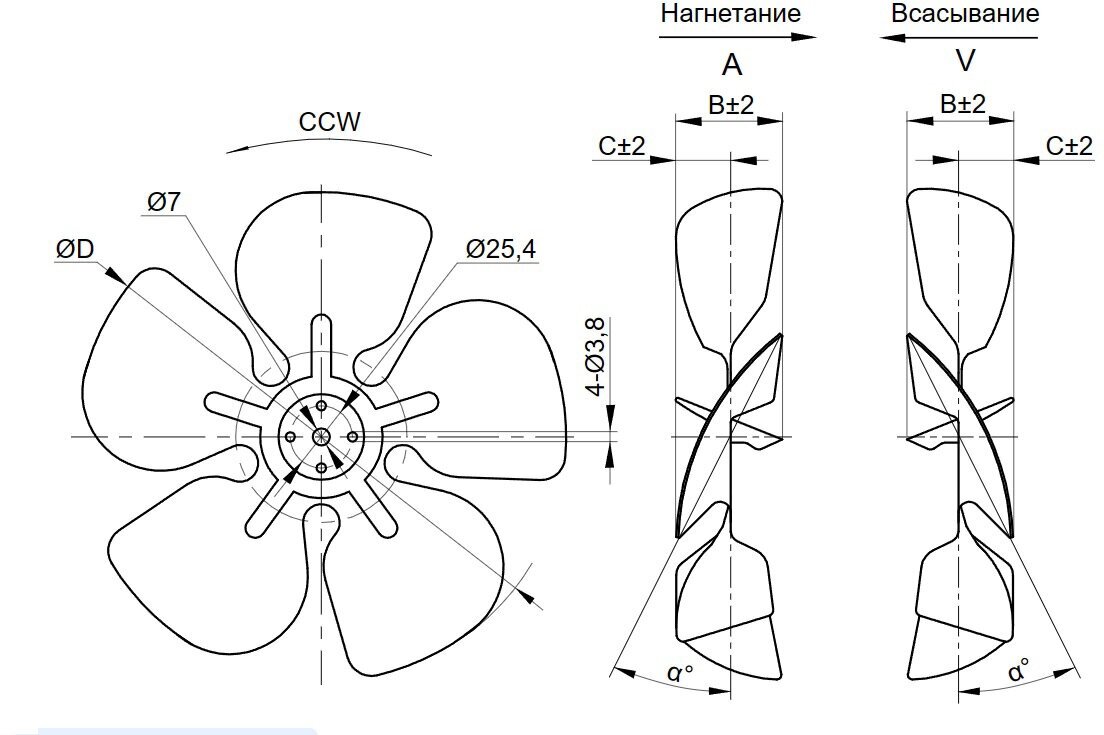 Осевая крыльчатка 200/28° V Ø200 мм угол атаки 28° всасывание