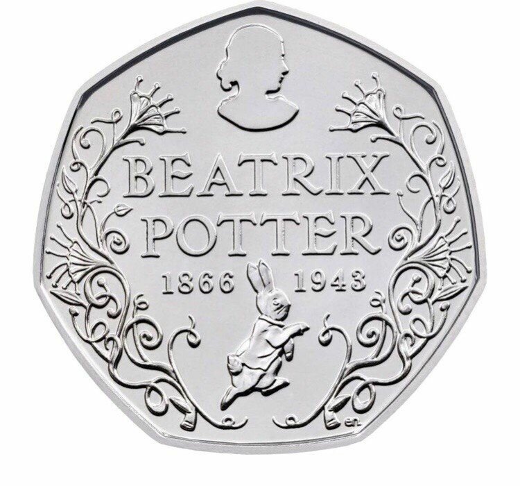 Монета 50 пенсов 150 лет Беатрис Поттер. Великобритания 2016 UNC