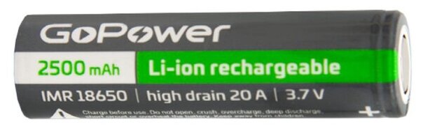 Аккумулятор Li-ion GoPower IMR18650 PC1 20A 3.7V 2500mAh без защиты выс.ток плос.конт. (1/100/400) Аккумулятор Li-ion GoPower IMR18650 без защиты высокий ток с плоскими контактами (00-00018356) - фото №4
