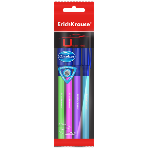 Ручка шариковая ErichKrause U-109 Neon Stick&Grip. узел 1.0 мм, корпус микс трехгранный, чернила синие