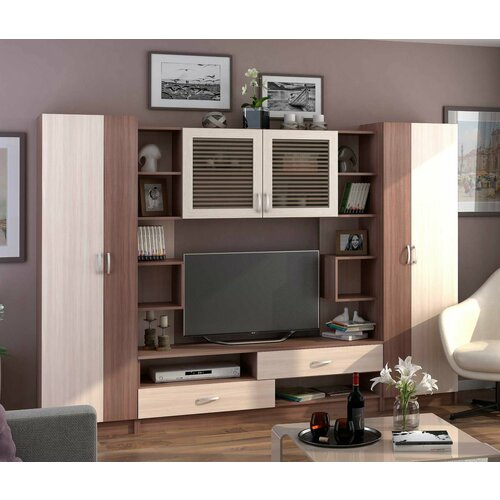 Мебельная Стенка для гостиной под телевизор со шкафом 270см венге/дуб белфорт или шимо темный/шимо светлый - СМ0041
