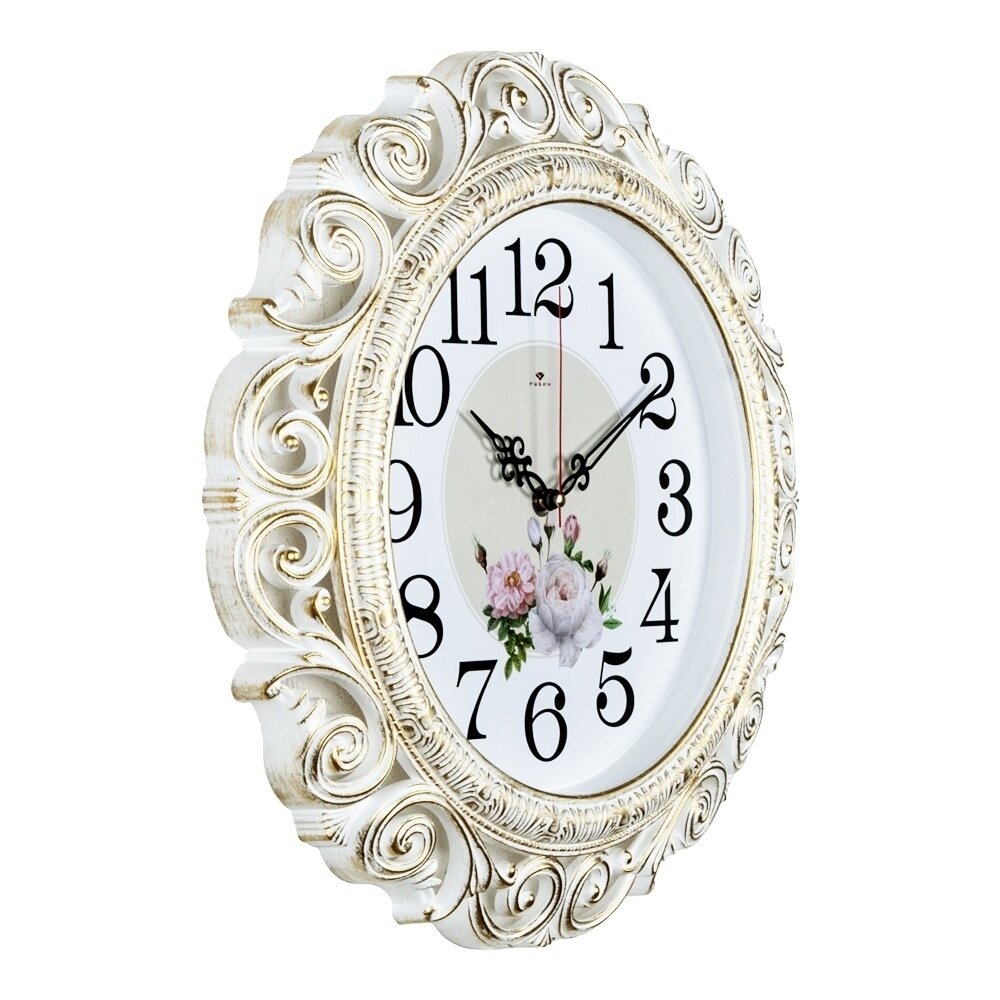 Часы настенные Рубин круглые ажурный d 40,5 см, корпус белый с золотом "Нежные пионы" (4126-003)