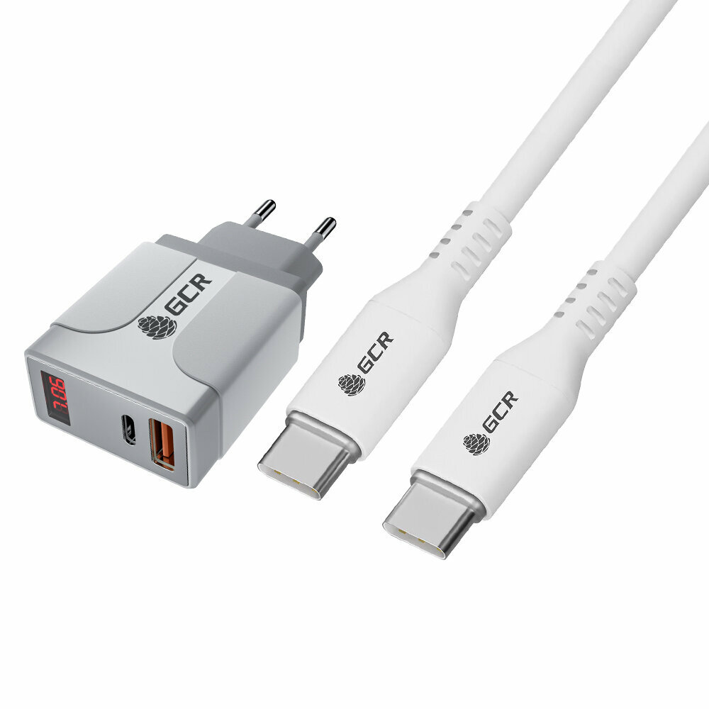 Комплект СЗУ на 2 USB порта TypeA и TypeC для быстрой зарядки, с дисплеем + кабель Type C-C 18W PD (GCR-TQ-MJ03), белый, 1.0м