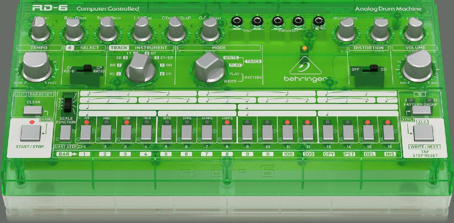 BEHRINGER RD-6-LM аналоговая драм-машина, 8 сэмпов ударных, 16-шаговый секвенсер, емкость памяти 2х16 паттернов, встроенный дист