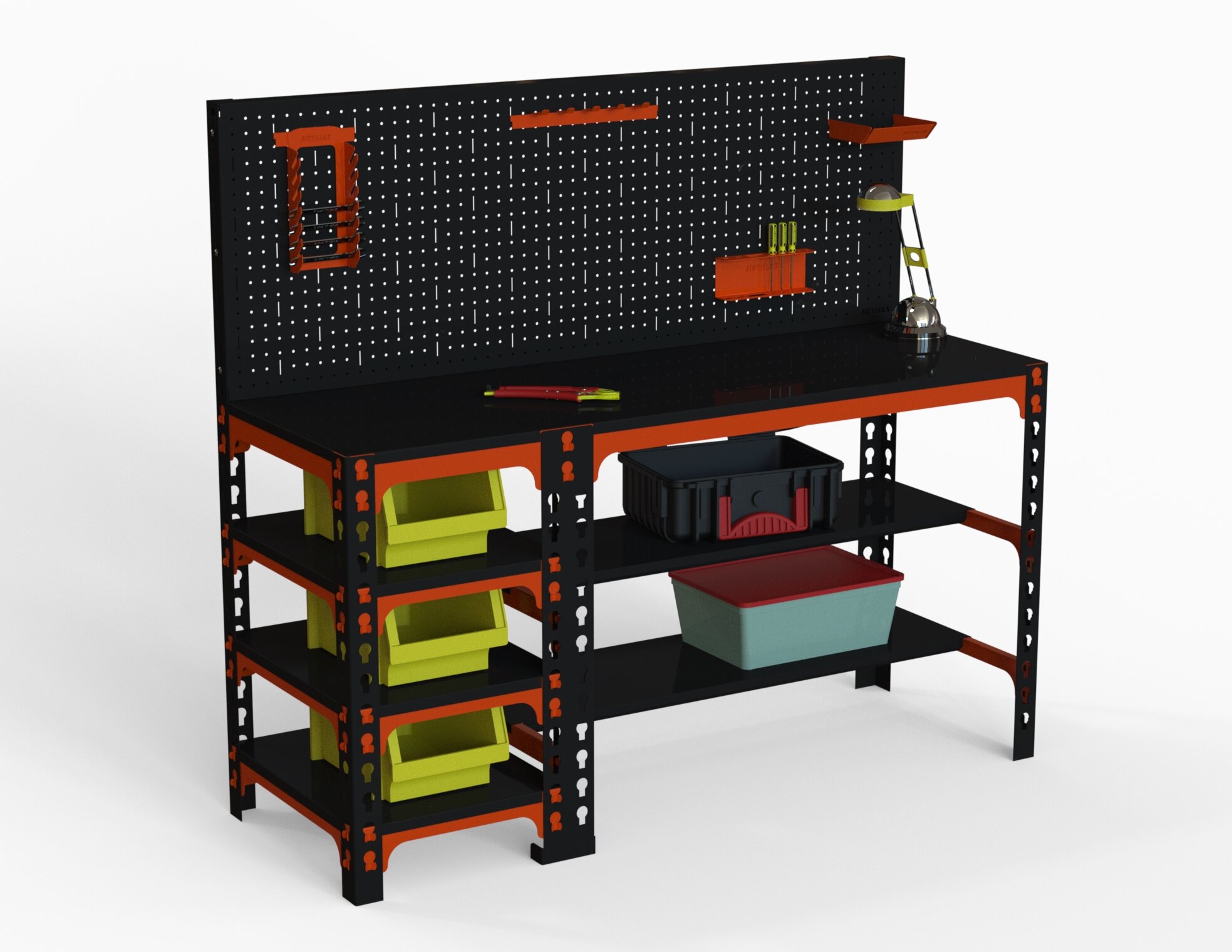 фото Стол металлический Metalex 750х1600х400 с боковыми полками и перфопанелью (оранжево-чёрный)