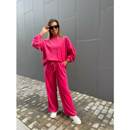 фото Костюм , джемпер и брюки, повседневный стиль, прямой силуэт, пояс на резинке, размер 42/46, розовый нет бренда