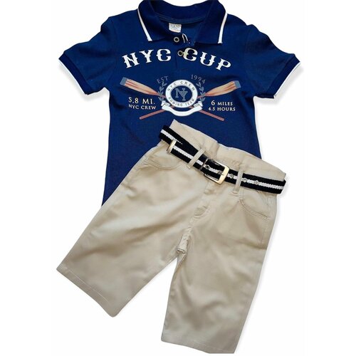 Комплект одежды Sani, футболка и шорты, повседневный стиль, размер 98, синий, бежевый