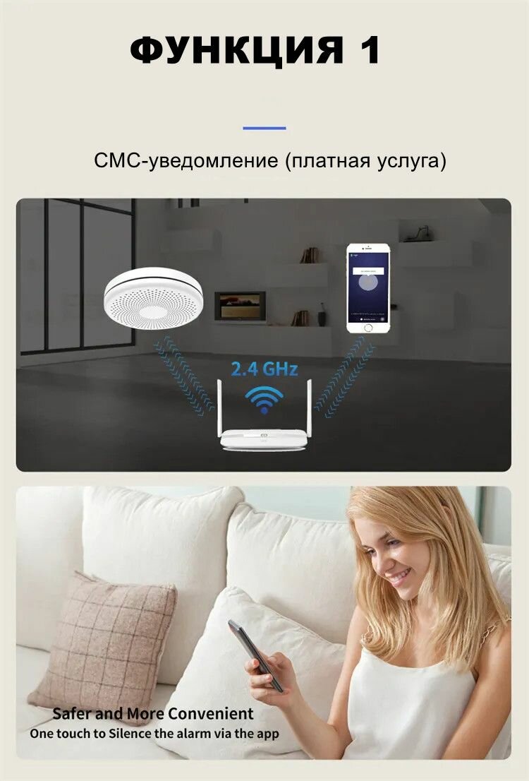 Умный беспроводной WI-FI датчик угарного газа CO и дыма детектор тревоги задымления и утечки Tuya Smart Life с оповещением