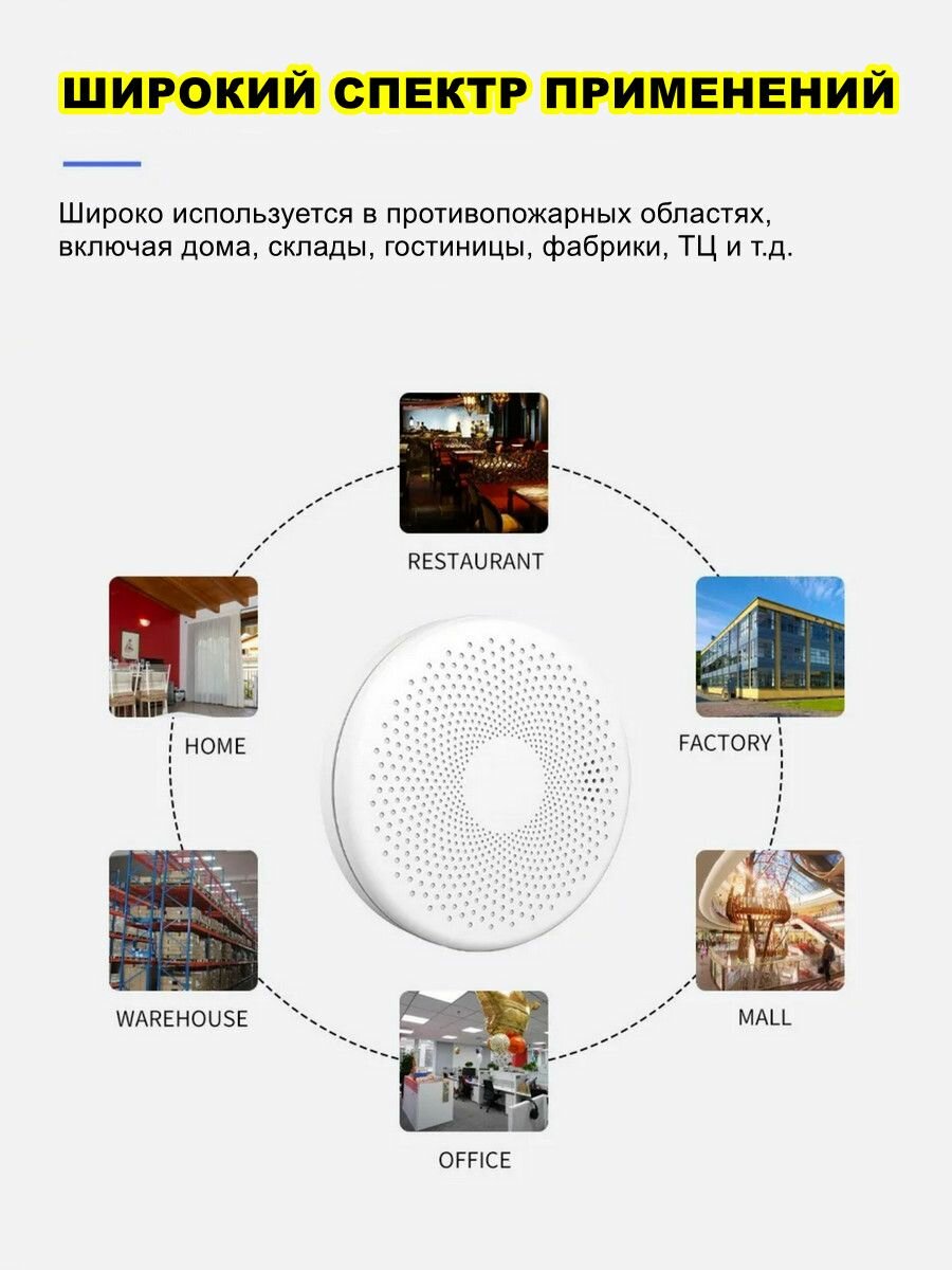 Умный беспроводной WI-FI датчик угарного газа CO и дыма детектор тревоги задымления и утечки Tuya Smart Life с оповещением