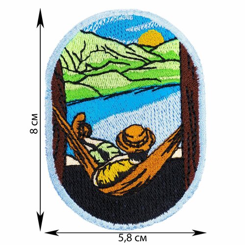 Нашивка, шеврон, патч (patch) на липучке На гамаке с видом на озеро, размер 8*5,8 см, 1 шт.