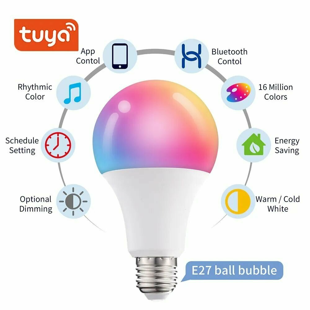 Умная светодиодная лампочка E27 RGB + CCT Bluetooth Smart Led Bulb 10W Tuya / Лед многоцветная Е27, теплая, холодная лампа с Алисой, Siri, Alexa, Google — фото 1
