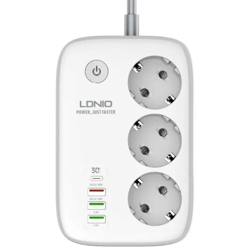 Сетевой удлинитель LDNIO SEW3452 2м Wi-Fi упр 3 розетки 2500W 4 USB: QC 30+PD 30 30W White