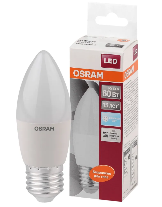 Лампочка светодиодная Е27 OSRAM LED Star, 600лм, 7Вт, 4000К (нейтральный белый свет), Свеча