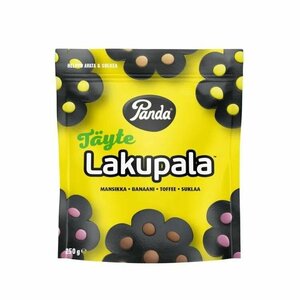 Лакричные конфеты Panda Lakupala Tayte вкус начинки шоколад, банан, карамель, клубника (25%), 250 гр. (Финляндия)