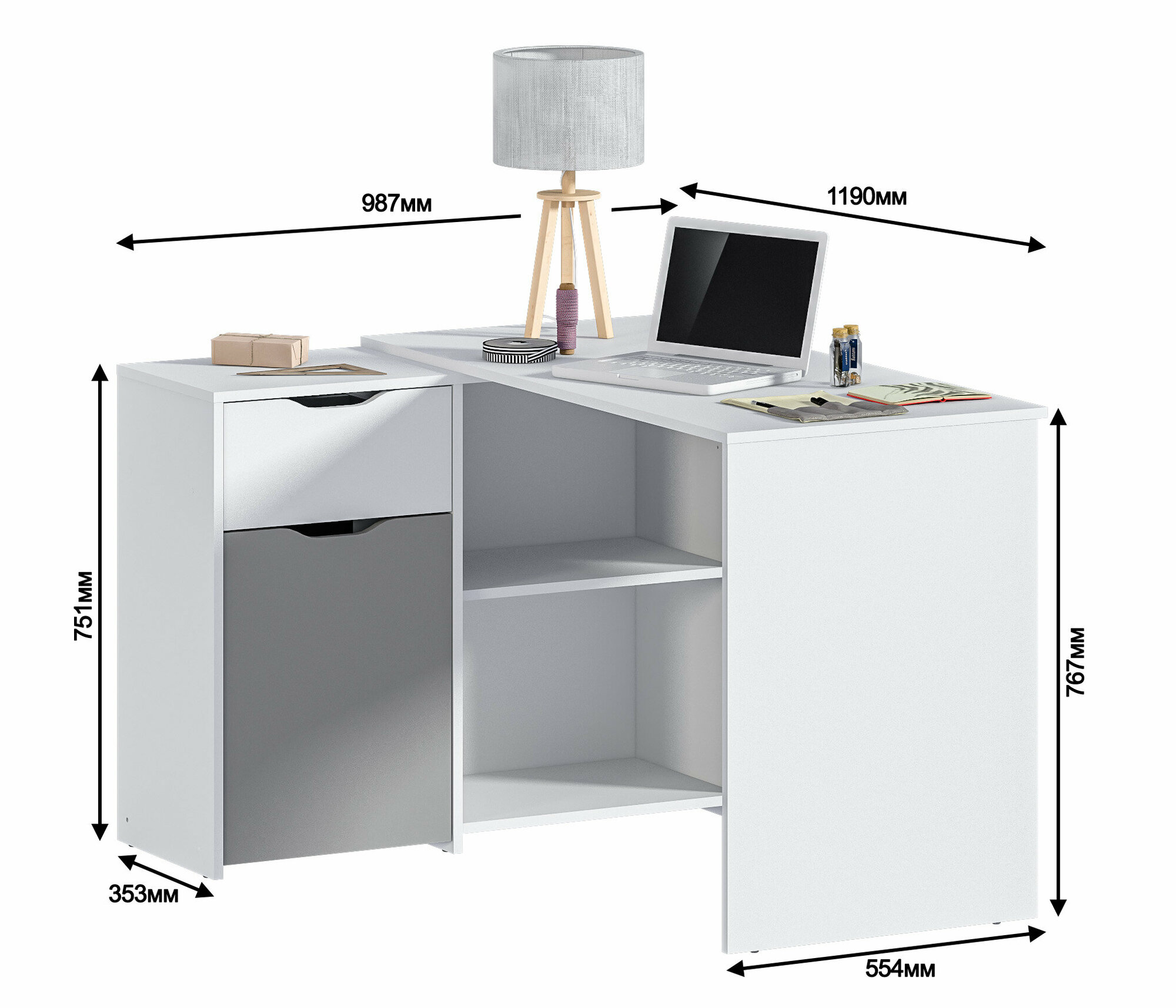 Компьютерный письменный стол столплит Mika СБ-3277 угловой с тумбой с ящиком с полкой со стеллажом Белый/Серый 119х76х98