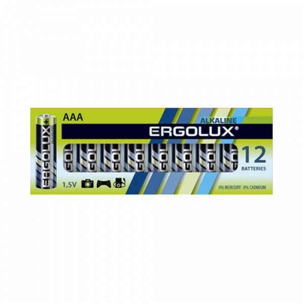 Батарейки алкалиновые (щелочные) ERGOLUX ALKALINE BP-12 11745, LR03, ААА, 1.5В, 1150 мАч, упаковка 12шт