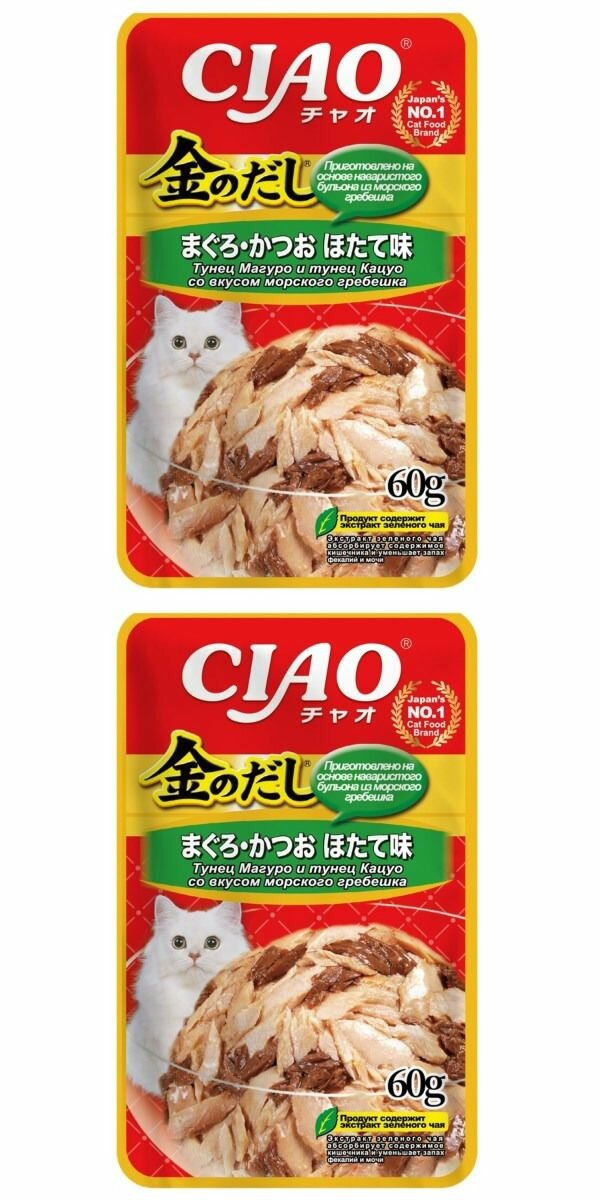 INABA корм для кошек Ciao Kinnodashi, пауч, тунец магуро и тунец кацуо со вкусом морского гребешка в желе 60 г, 2 шт.