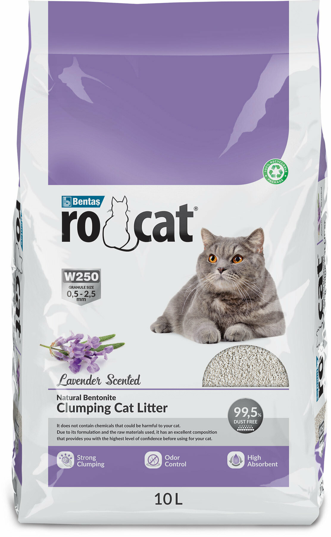 Наполнитель Ro Cat комкующийся без пыли с ароматом лаванды, пакет, 8,5 кг, 10 л