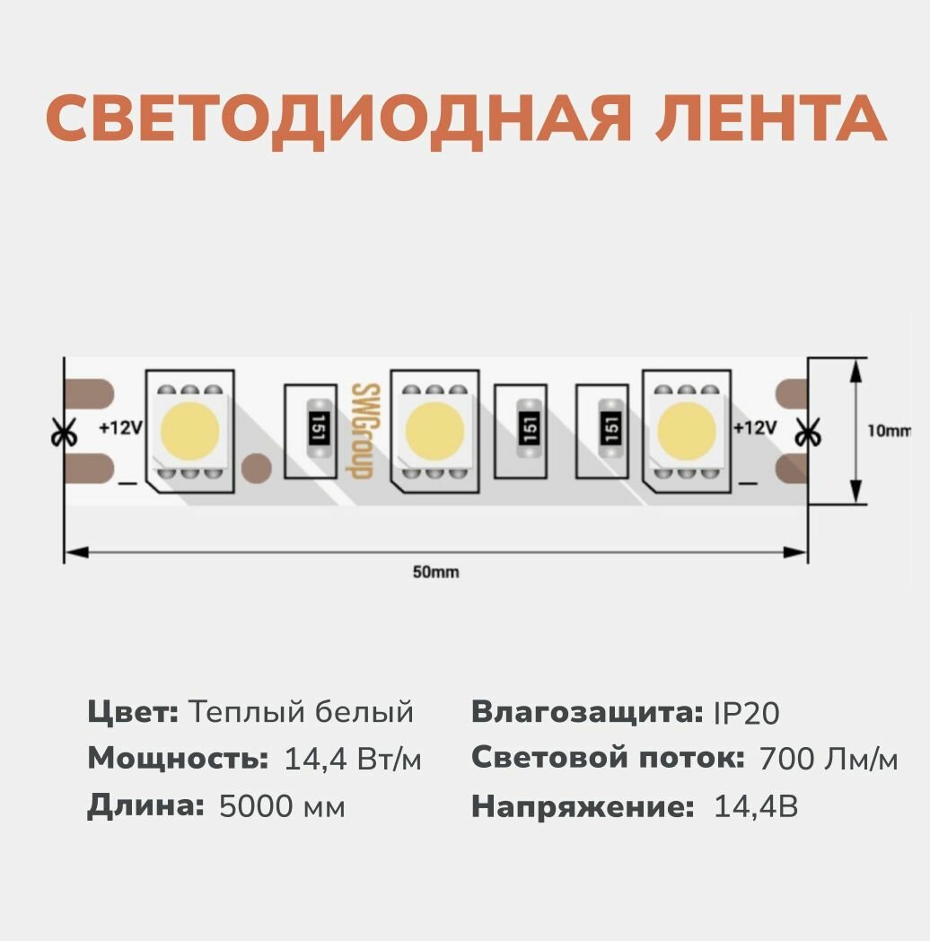 Светодиодная лента SWG 12В 5м 14,4Вт 700 Лм/м теплый свет - фотография № 5