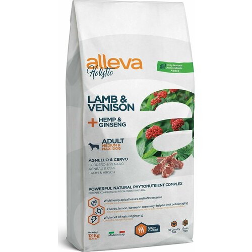 Корм сухой Diusa Pet Alleva Holistic Medium Maxi, для собак, с ягненком и олениной, коноплей и женьшенем, 12 кг