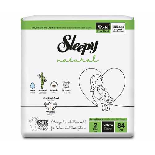 фото Подгузники детские раз. 2 (3-6 кг) sleepy natural ultra sensitive baby diaper mini (84 шт в уп) / эко подгузники с индикатором