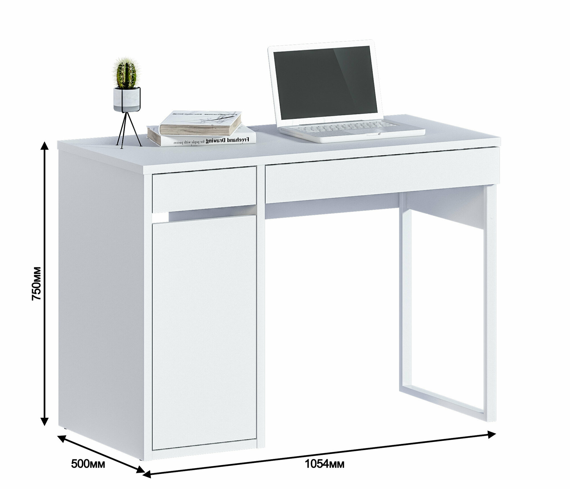 Стол письменный компьютерный рабочий столплит Мика СБ-3309 с 2 ящиками, закрытой тумбой, белый 105х75х50 см