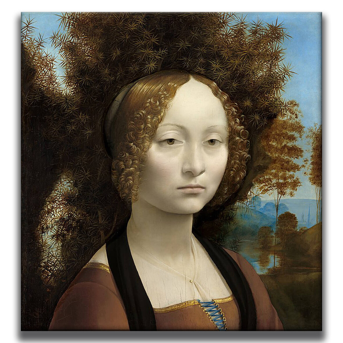 Картина для интерьера на холсте Леонардо да Винчи «Портрет Джиневры де Бенчи» 50х52, холст без подрамника