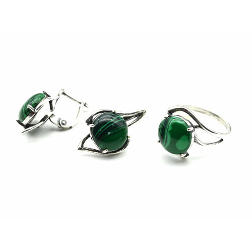 комплект бижутерии серьги кольцо малахит размер кольца 19 зеленый Комплект бижутерии: кольцо, серьги, малахит синтетический, размер кольца 19, зеленый